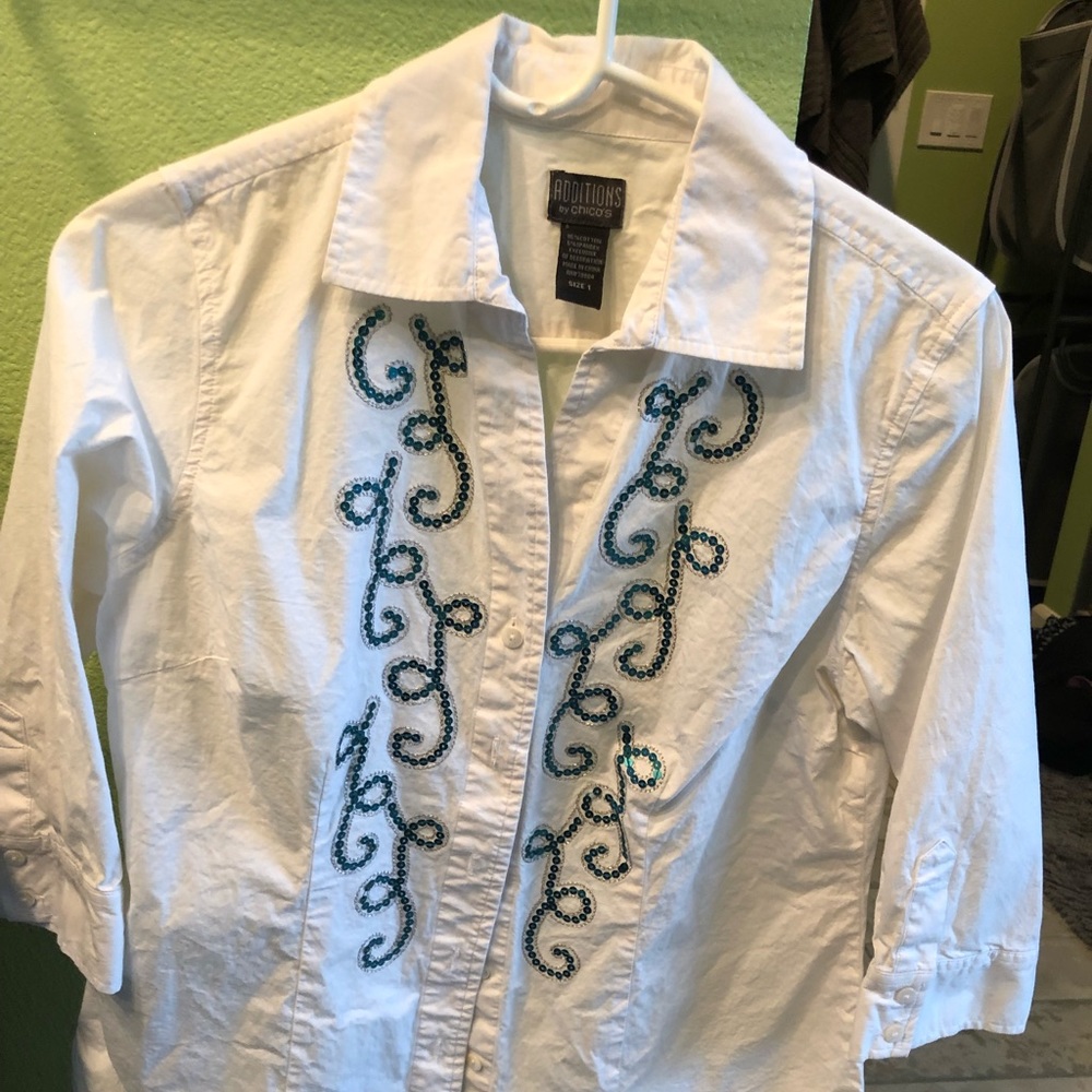 Chico’s 3/4 sleeve white shirt with teal sequins
